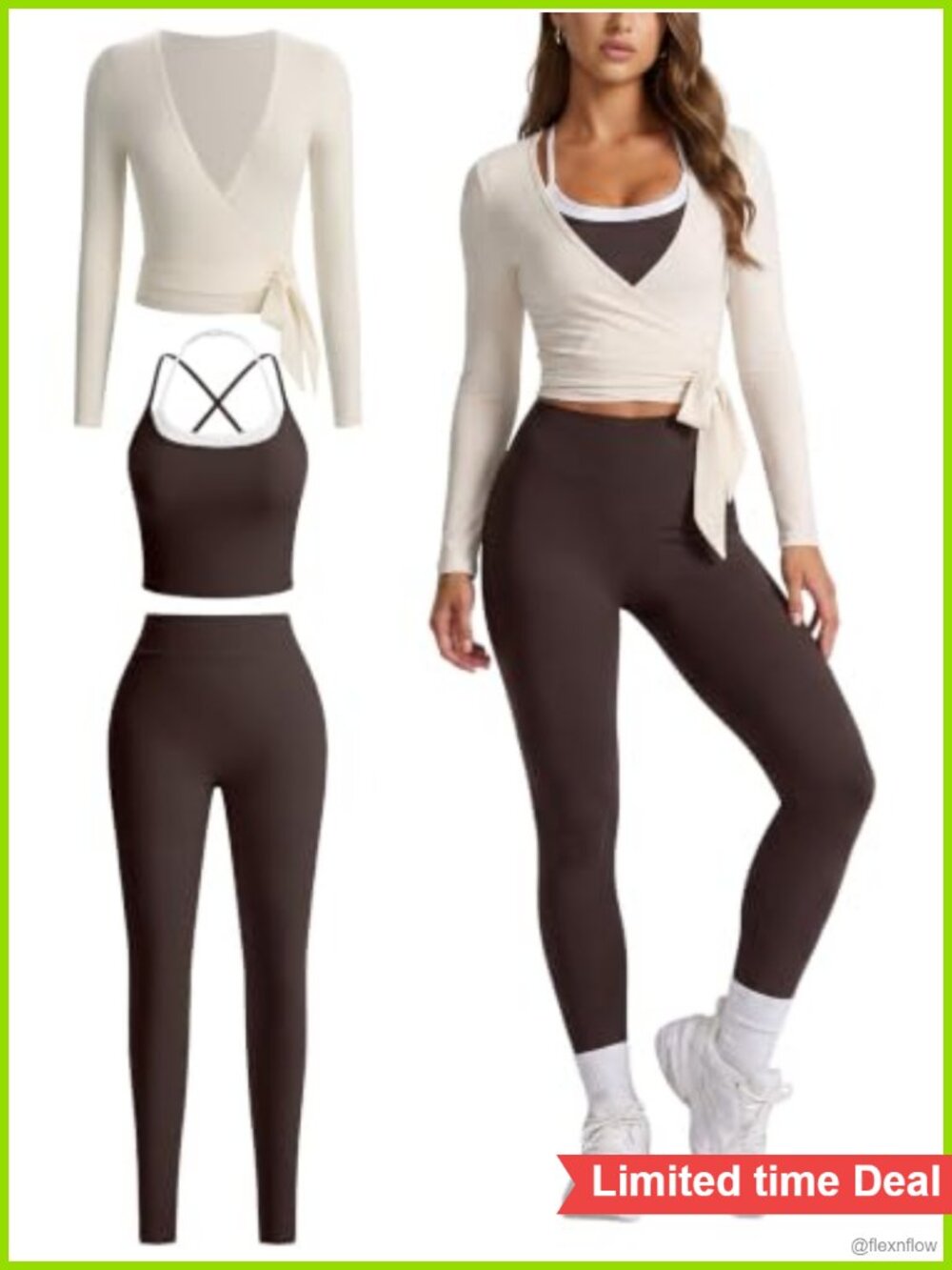 3 Piece Workout Set Women High Waist Leggings Crop Tank Wrap Top Gym Yoga